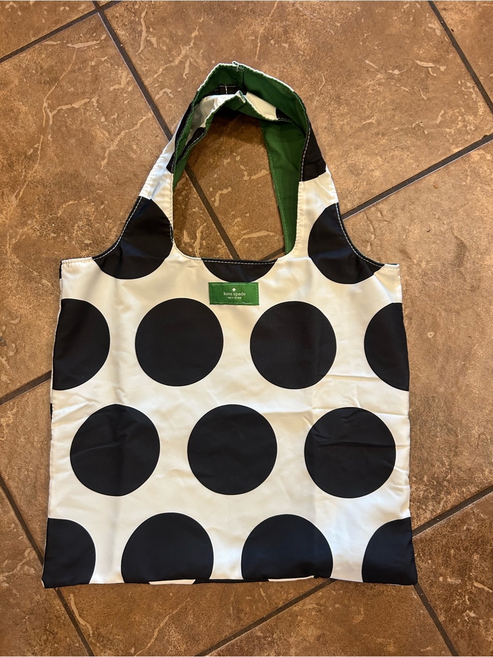 kate spade Black & White Polka Dot Tote Bag with green inside